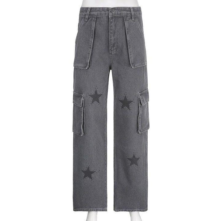 Y2K Gray Star Grunge Baggy Denim Pants     - VONVEX