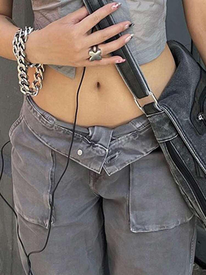 Y2K Gray Star Grunge Baggy Denim Pants     - VONVEX