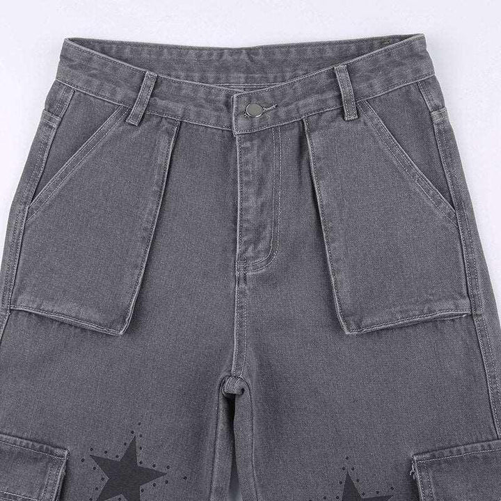 Y2K Gray Star Grunge Baggy Denim Pants     - VONVEX