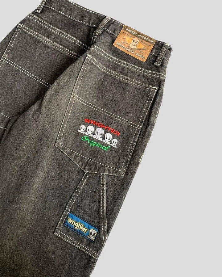 Retro Alien Embroidery Baggy Jeans     - VONVEX