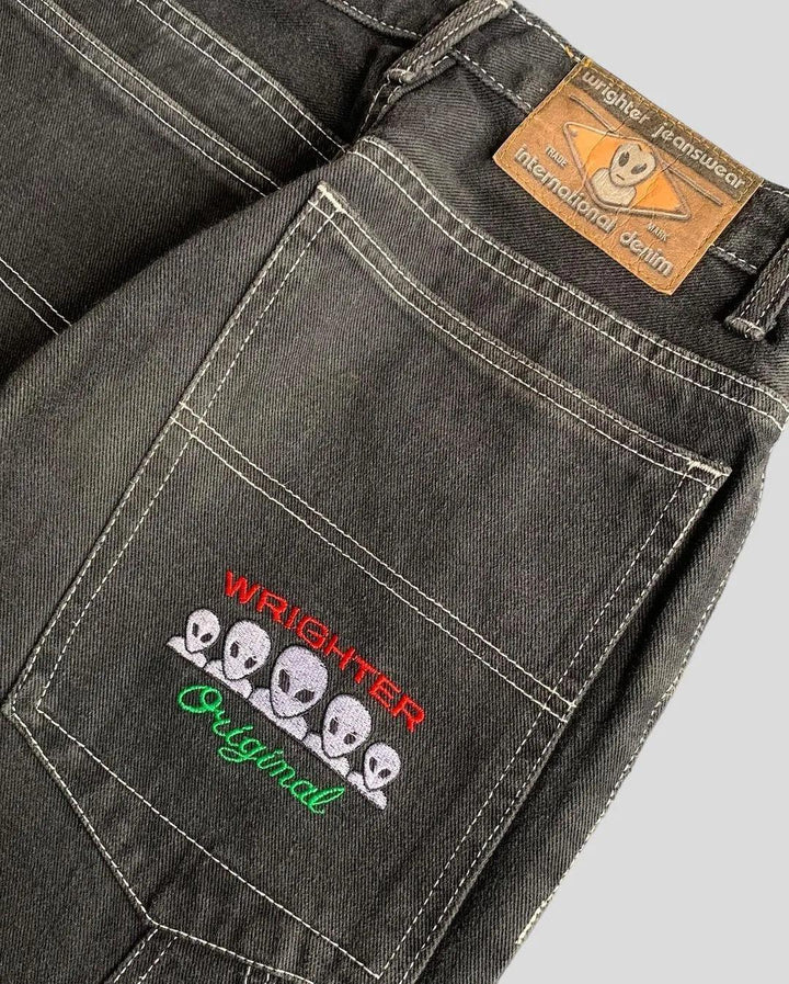 Retro Alien Embroidery Baggy Jeans     - VONVEX
