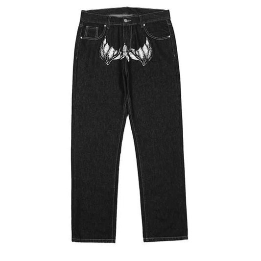 Retro Bat Art Embroidery Jeans  Black S  - VONVEX