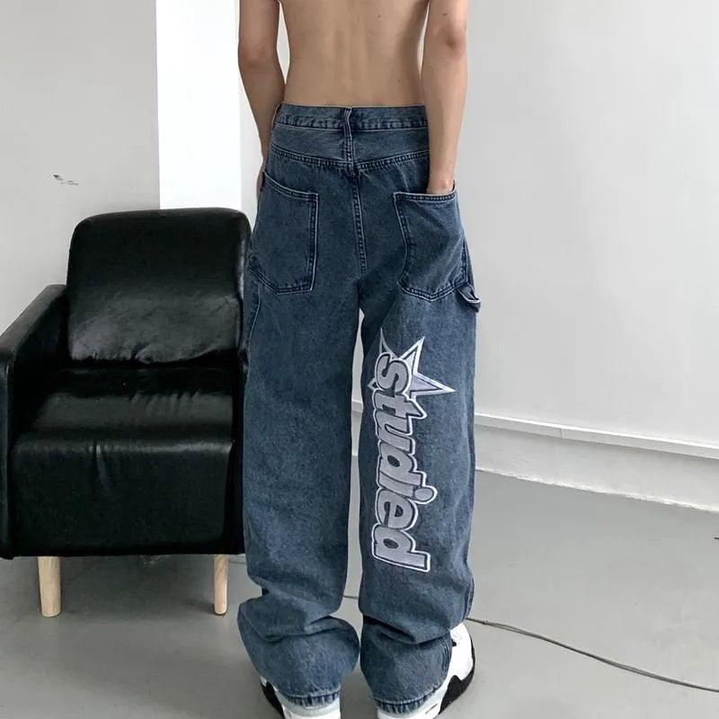 Retro Letter embroidery jeans  Blue S  - VONVEX