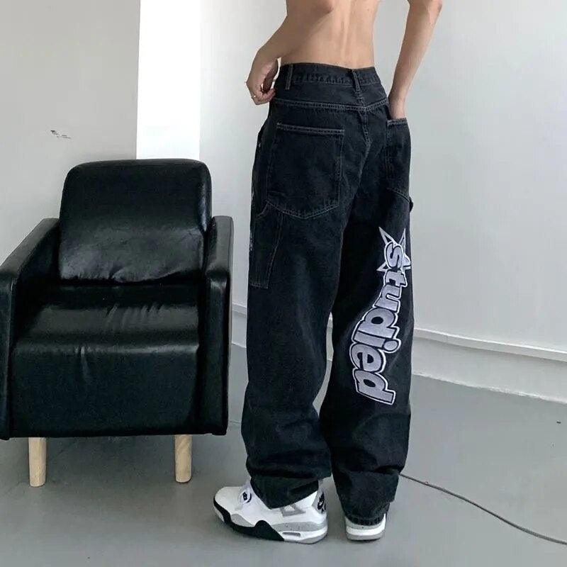 Retro Letter embroidery jeans  Black S  - VONVEX