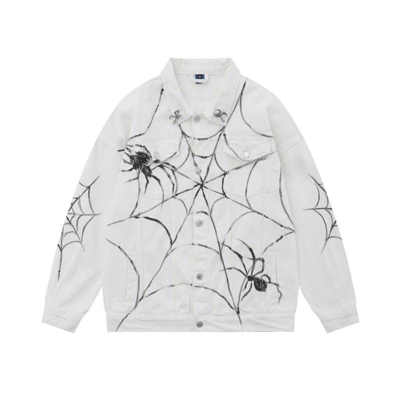 Retro Spider Print Jeans Jacket  White S  - VONVEX