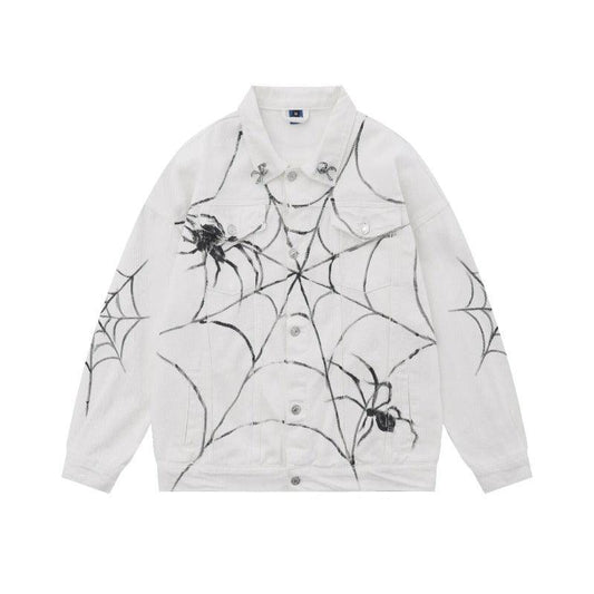 Retro Spider Print Jeans Jacket  White S  - VONVEX