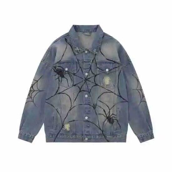 Retro Spider Print Jeans Jacket  Blue S  - VONVEX