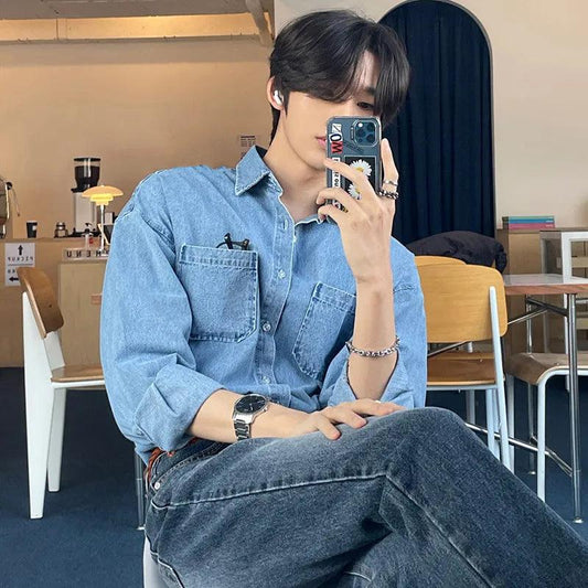 Solid Casual Denim Shirt  Blue M  - VONVEX