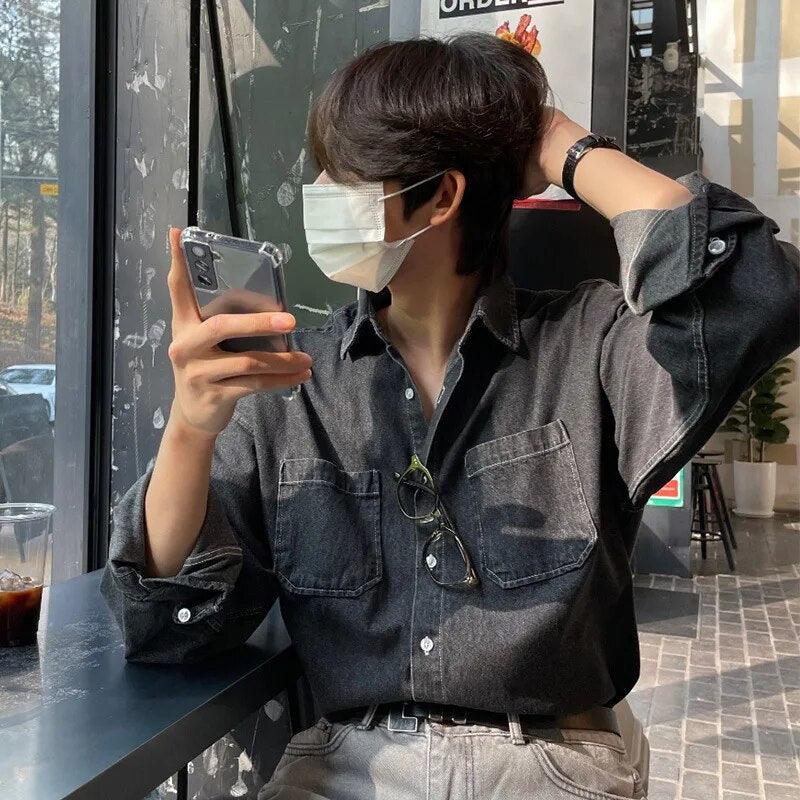 Solid Casual Denim Shirt  Black M  - VONVEX