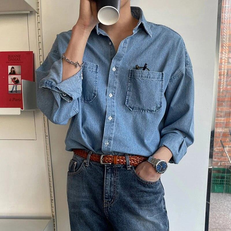 Solid Casual Denim Shirt     - VONVEX