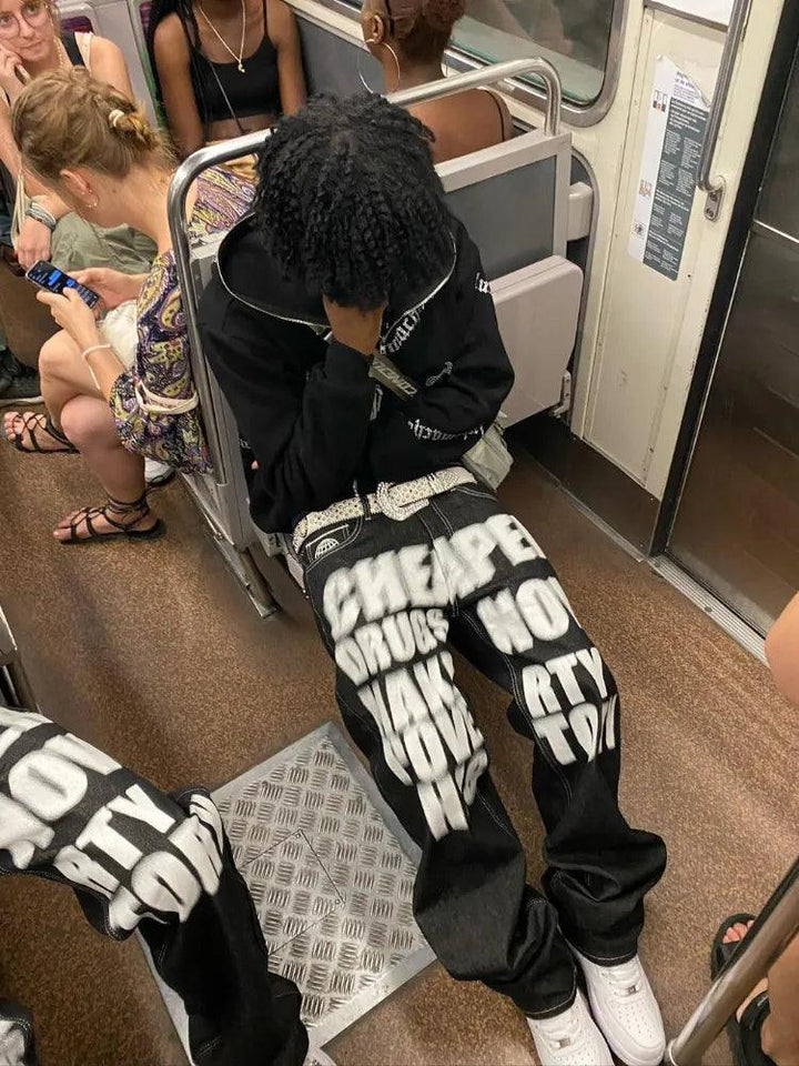 Y2k Letter Printed Black Pants     - VONVEX