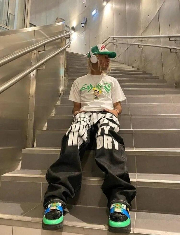 Y2k Letter Printed Black Pants     - VONVEX