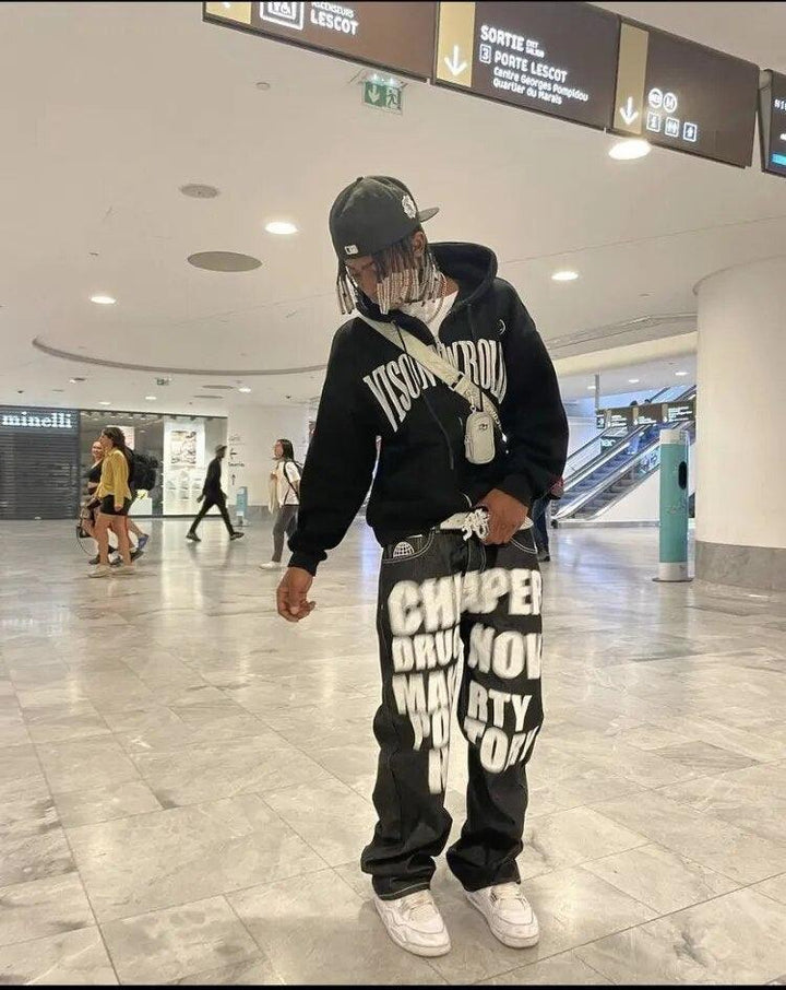Y2k Letter Printed Black Pants     - VONVEX