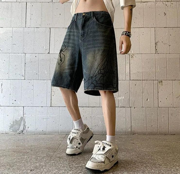 Y2K Spider Cobweb Denim Pants  Blue S  - VONVEX