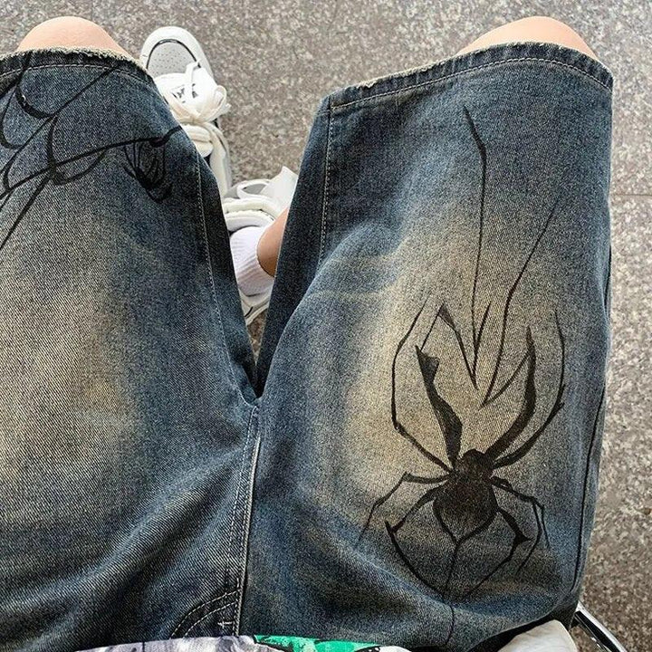 Y2K Spider Cobweb Denim Pants     - VONVEX